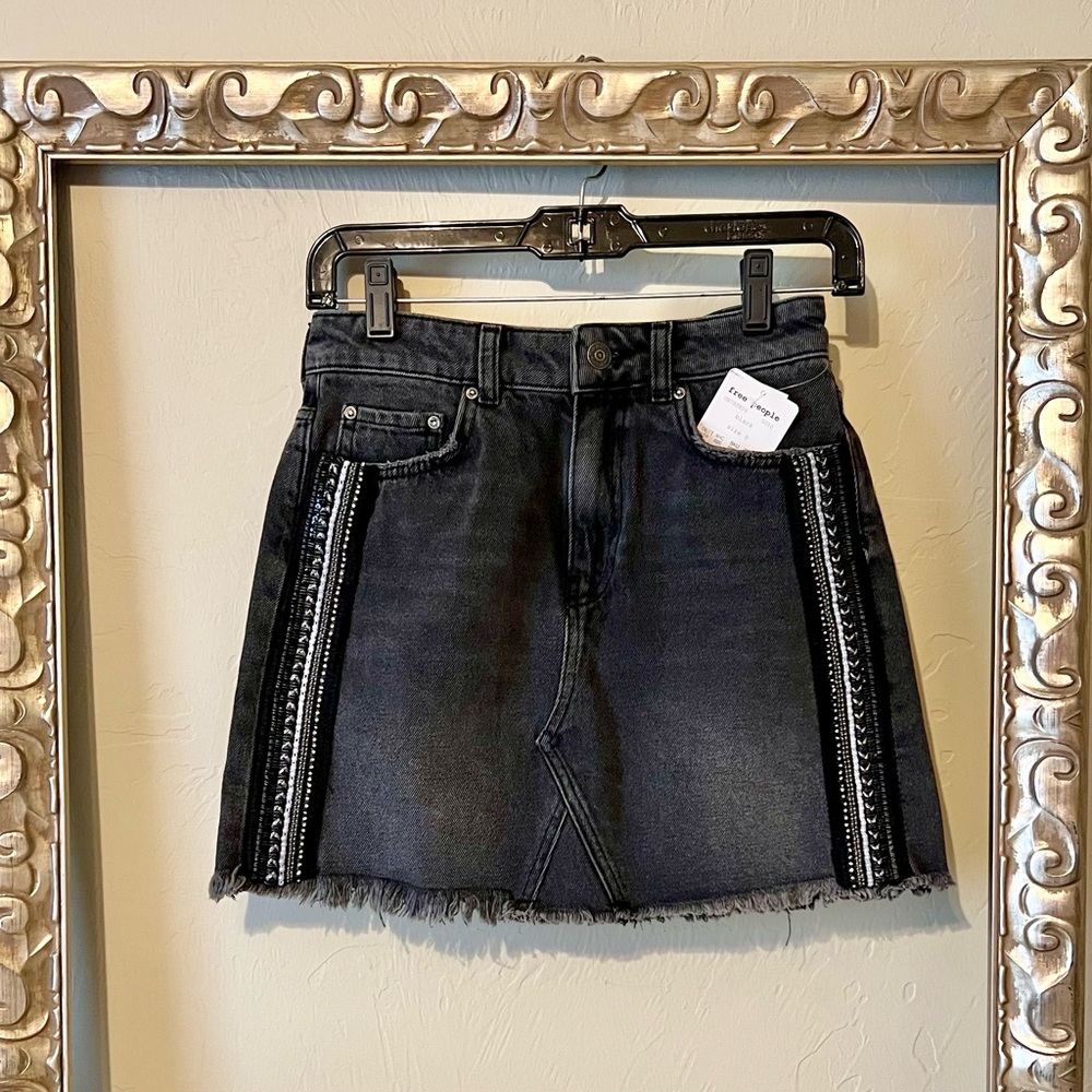 Free People Side Stripe Embellished Black Denim Skirt Size 0